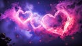 Interlocking light hearts of ethereal pink and purple smoke against a cosmic galaxy backdrop