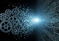 Interlocking metal gears on the left transition into a digital matrix of binary code (0s Royalty Free Stock Photo