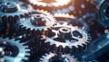 Interlocking metallic gears with a cool blue-toned lighting and shallow depth of field cogwheels Royalty Free Stock Photo