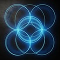 Interlocking neon blue circles form a symmetrical pattern against a dark, Royalty Free Stock Photo
