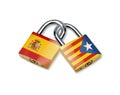 Interlocking padlocks with flag of Spain and with flag of Catalonia isolated on white background. independence conflict.