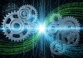 Interlocking silver gears and binary code, represented by 0s and 1s, appear against a dark backgroun Royalty Free Stock Photo
