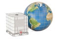 Intermediate bulk container with Earth globe. Transport of liquids around the world, 3D rendering