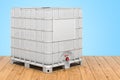 Intermediate bulk container on the wooden planks, 3D rendering