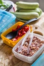 Intermediates ingredients in box for cooking foods on table Royalty Free Stock Photo