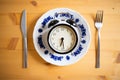 intermittent fasting concept alarm clock on kitchen table Royalty Free Stock Photo