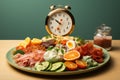 Intermittent fasting concept: Clock and a plate with food symbolizing timed eating habits for better health Royalty Free Stock Photo