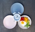 Intermittent fasting concept with empty colorful plates. Time to lose weight , eating control or time to diet concept. Royalty Free Stock Photo