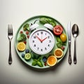 Intermittent fasting concept, illustration with alarm clock and fresh vegetables and fruits on plate. Healthy food. Generative AI Royalty Free Stock Photo