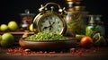 Intermittent Fasting Concept Theme of Fruits With Alarm Clock Background