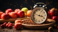 Intermittent Fasting Concept Theme of Fruits With Alarm Clock Background