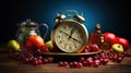 Intermittent Fasting Concept Theme of Fruits With Alarm Clock Background
