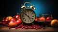 Intermittent Fasting Concept Theme of Fruits With Alarm Clock Background