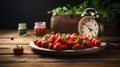 Intermittent Fasting Concept Theme of Fruits With Alarm Clock Background