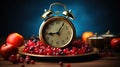 Intermittent Fasting Concept Theme of Fruits With Alarm Clock Background