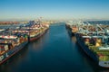 Intermodal, container ships docked at Long Beach port in California USA