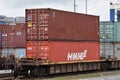 Intermodal containers sit on loaded freight train