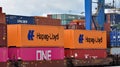 Intermodal containers stacked at container port