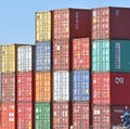Intermodal containers stacked in freight yard