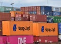 Intermodal containers stacked at container port