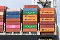 Intermodal shipping containers stacked on a ship