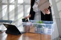 Intern woman employee with belongings in box being hired fired. starting new career & resignation Royalty Free Stock Photo