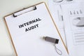 Internal Audit text on working paper with memory stick as data storage. Royalty Free Stock Photo