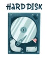 Internal computer Hard disk. Harddisk flat textured hand drawn illustration with hand drawn lettering