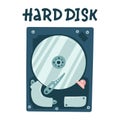 Internal computer Hard disk. Harddisk flat vector illustration with hand drawn lettering