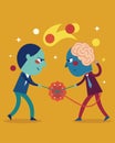 An internal conflict between logic and intuition resulting in a cognitive tugofwar.. Vector illustration.
