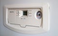 Internal control of a gas double-circuit boiler with a pressure and temperature sensor in the home heating system, close. Energy Royalty Free Stock Photo