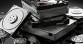 Internal hard disk drives in a metallic finish is arranged in a haphazard Royalty Free Stock Photo