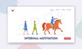 Internal Motivation Landing Page Template. Successful Leader Character on Horse Show Direction, Businessman Rides Equine