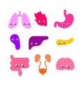 Internal organ Cute set. Anatomy of human body cartoon style. Heart and brain. Liver and stomach. Esophagus and pancreas. Kidney