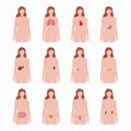 Internal organs placed on woman body silhouettes isolated on white background. Medical illustrations of human organs Royalty Free Stock Photo