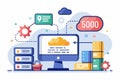 Internal server error concept illustrated with a computer processing data, cloud storage, and error notifications displayed on the Royalty Free Stock Photo