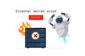 Internal server error website page. Http status code 500. Internet connection failure with oops worried robot character