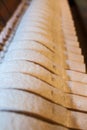 The internal structure of piano. The felt hammers striked on strings in a piano. Selective focus. Royalty Free Stock Photo