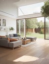 internal view of a modern living room with wood flooring overlooking on the garden Royalty Free Stock Photo