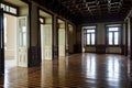 Internal view of a wooden noble hall. Windows in a dark