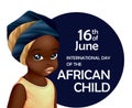 International Day of the African Child. Cute little girl in front of round shaped banner.