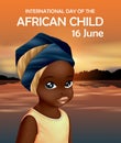 International Day of the African Child. Cute little girl in front of native African landscape at sunset.