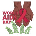 International AIDS Day. Illustration with hands holding red ribbon symbol.