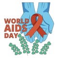 International AIDS Day. Illustration with hands holding red ribbon symbol.