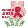 International AIDS Day. Illustration with hands holding red ribbon symbol.