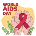 International AIDS Day. Illustration with hands holding red ribbon symbol.