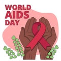 International AIDS Day. Illustration with hands holding red ribbon symbol.