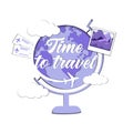 International Airline Service, Travel Time Concept. Aeroplane, Tickets, Foto And Clouds Aroung The Globe With Lettering