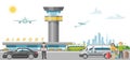 International airport banner, character traveler family order taxi car flat vector illustration. Tourist people carry