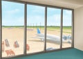 International Airport Terminal, Landscape Of Airfield With Airplane And Blue Sky View From Window Building